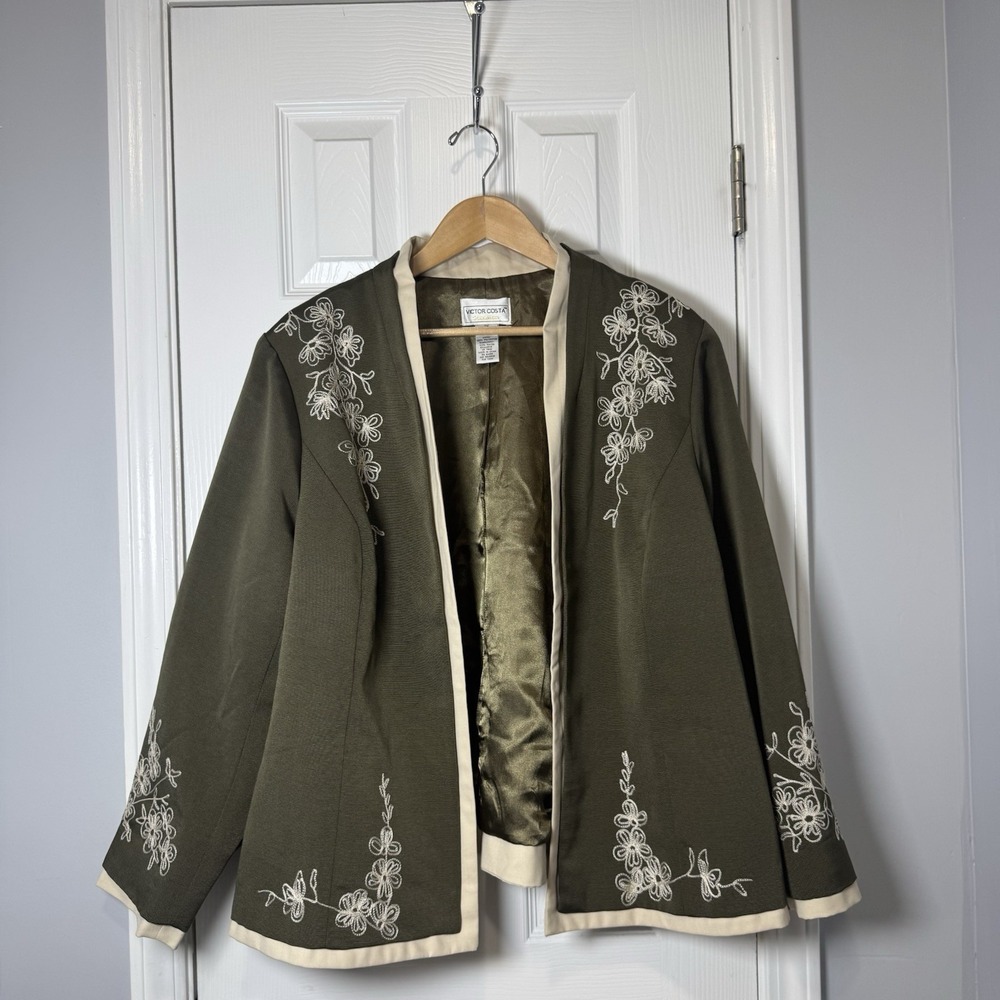 Víctor Costa Blazer Green & Beige Embroidered Long Sleeve Jacket Womens 2x